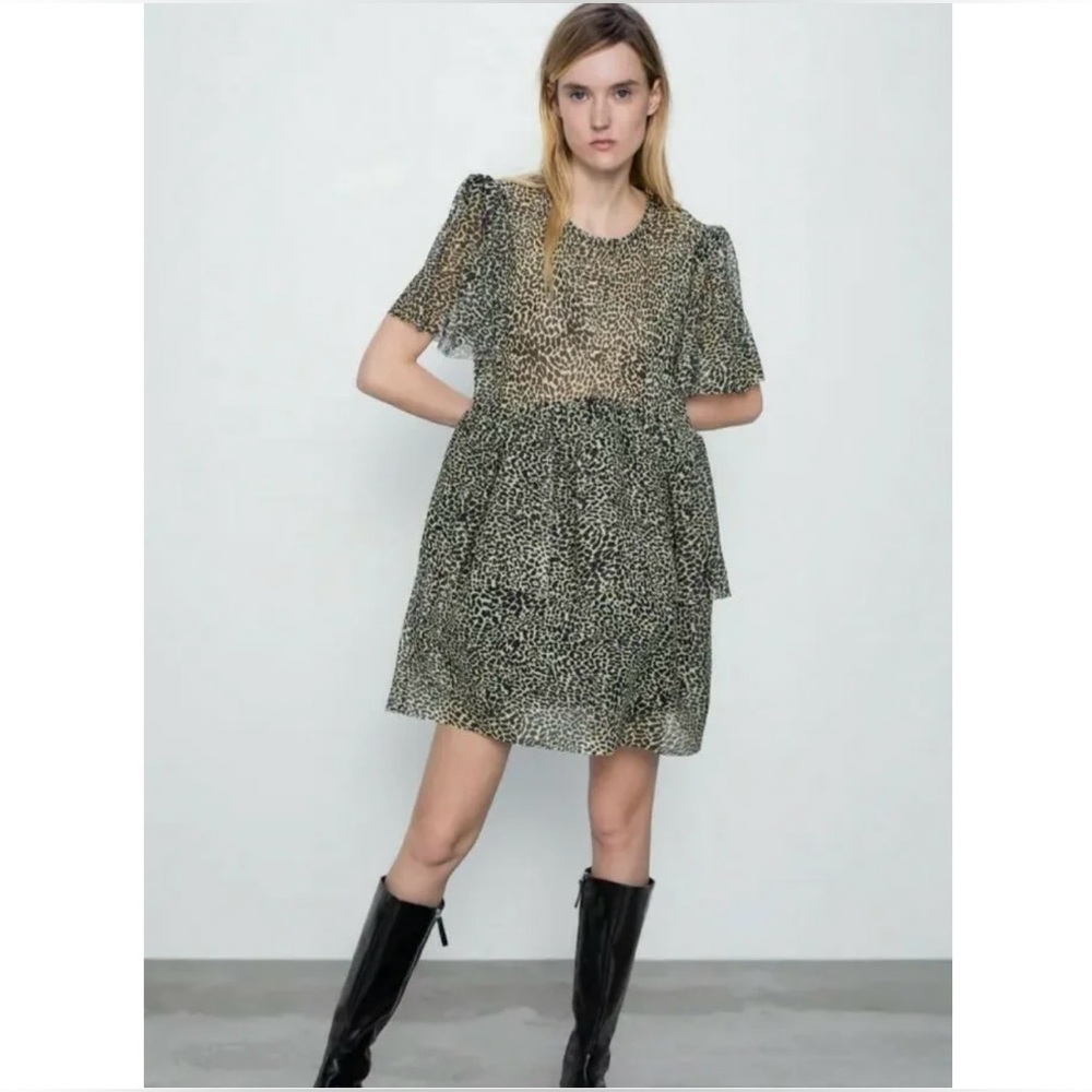 ZARA Animal Leopard Print Tulle Sheer Mesh Dress